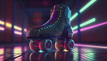 , Roller skate in cyberpunk style, disco nostalgic 80s, 90s. Neon night lights vibrant colors, photorealistic horizontal illustration of the futuristic city. Sport activity concept. photo