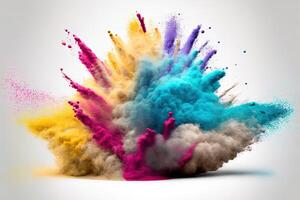 , Flowing isolated colorful sand and powder with splashes. Bright banner, 3D effect, modern macro realistic abstract background illustration, white background. photo