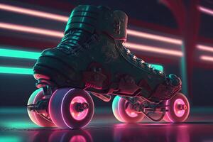 , Roller skate in cyberpunk style, disco nostalgic 80s, 90s. Neon night lights vibrant colors, photorealistic horizontal illustration of the futuristic city. Sport activity concept. photo