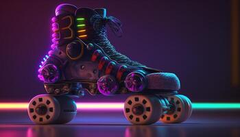 , Roller skate in cyberpunk style, disco nostalgic 80s, 90s. Neon night lights vibrant colors, photorealistic horizontal illustration of the futuristic city. Sport activity concept. photo