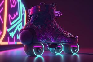 generativo ai, rodillo patinar en cyberpunk estilo, disco nostálgico años 80, años 90 neón noche luces vibrante colores, fotorrealista horizontal ilustración de el futurista ciudad. deporte actividad concepto. foto