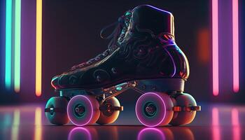 , Roller skate in cyberpunk style, disco nostalgic 80s, 90s. Neon night lights vibrant colors, photorealistic horizontal illustration of the futuristic city. Sport activity concept. photo