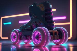 , Roller skate in cyberpunk style, disco nostalgic 80s, 90s. Neon night lights vibrant colors, photorealistic horizontal illustration of the futuristic city. Sport activity concept. photo