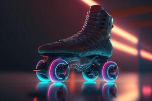 , Roller skate in cyberpunk style, disco nostalgic 80s, 90s. Neon night lights vibrant colors, photorealistic horizontal illustration of the futuristic city. Sport activity concept. photo