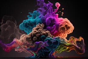 , Flowing colorful rainbow liquid and smoke with splashes. Bright fluid banner, 3D effect, modern macro realistic abstract background illustration, ink in water effect. photo