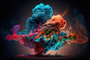 , Flowing colorful liquid and smoke with splashes. Bright fluid banner, 3D effect, modern macro realistic abstract background illustration, ink in water effect. photo