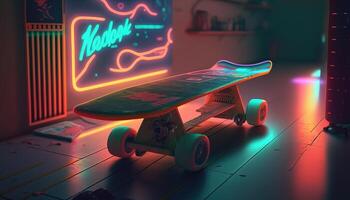 , skate board in cyberpunk style, disco nostalgic 80s, 90s. Neon night lights vibrant colors, photorealistic horizontal illustration of the futuristic city. Sport activity concept. photo