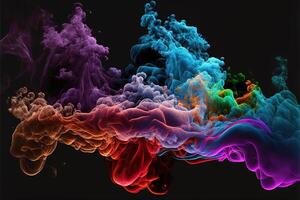 , Flowing colorful liquid and smoke with splashes. Bright fluid banner, 3D effect, modern macro realistic abstract background illustration, ink in water effect. photo