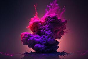 , Flowing liquid and smoke with splashes in magenta and purple color. Bright pink fluid banner, 3D effect, modern macro realistic abstract background illustration, ink in water effect. photo