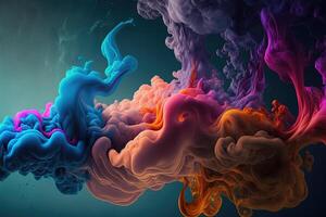 , Flowing colorful liquid and smoke with splashes. Bright fluid banner, 3D effect, modern macro realistic abstract background illustration, ink in water effect. photo