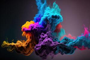 , Flowing colorful rainbow liquid and smoke with splashes. Bright fluid banner, 3D effect, modern macro realistic abstract background illustration, ink in water effect. photo