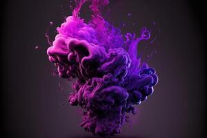 , Flowing liquid and smoke with splashes in magenta and purple color. Bright pink fluid banner, 3D effect, modern macro realistic abstract background illustration, ink in water effect. photo