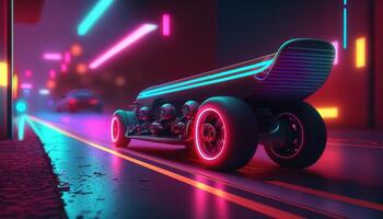 , skate board in cyberpunk style, disco nostalgic 80s, 90s. Neon night lights vibrant colors, photorealistic horizontal illustration of the futuristic city. Sport activity concept. photo