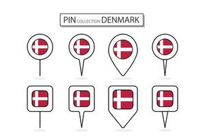 Set of flat pin Denmark flag icon in diverse shapes flat pin icon Illustration Design. vector