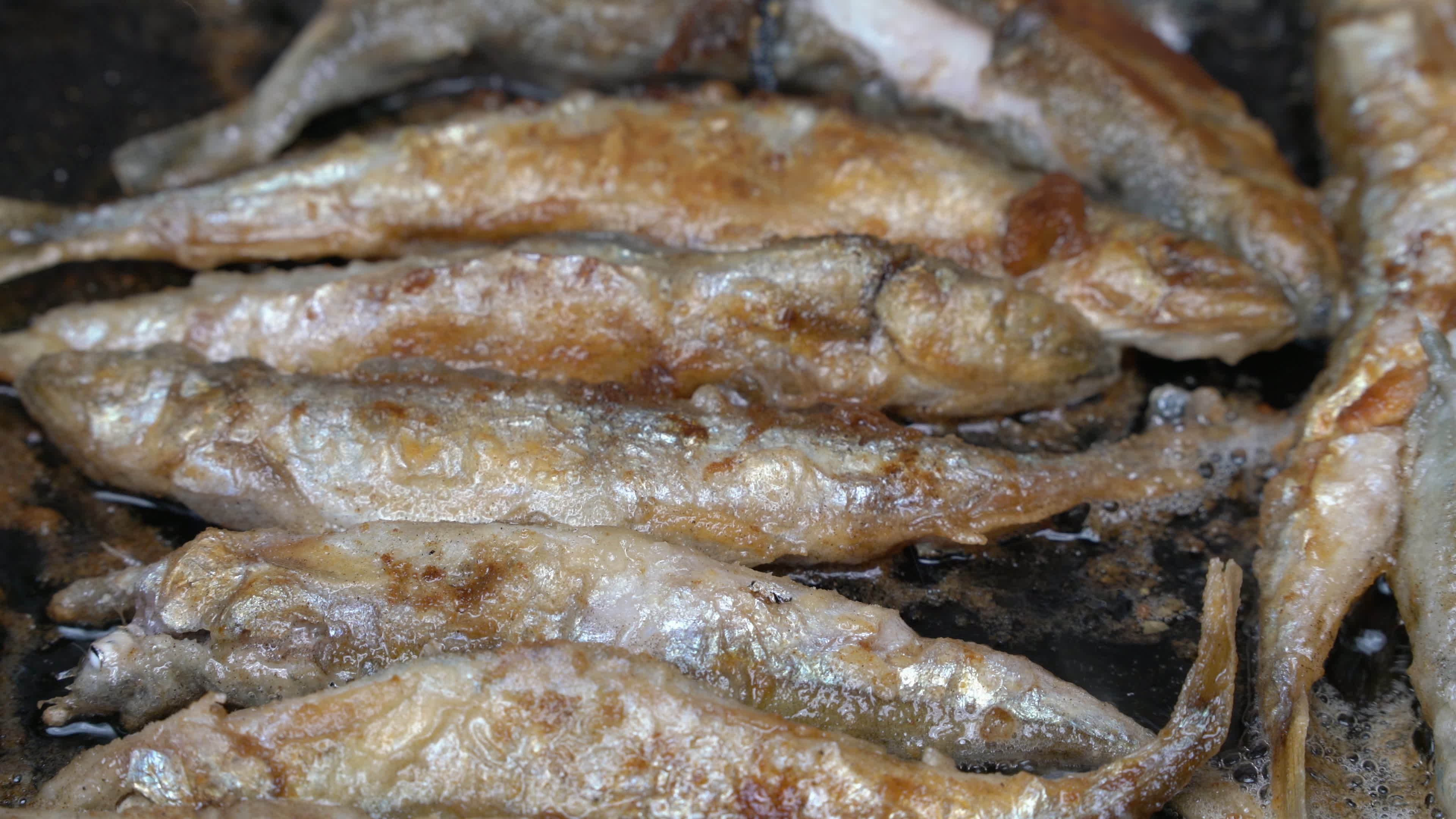 View of cooking frying capelin fish in iron pan. Grilled caplin fish