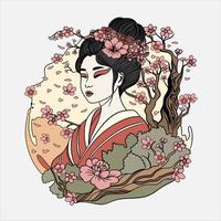Beautiful ethnic Japanese geisha and cherry blossoms. retro style illustration vector