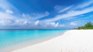 Beautiful sandy beach with white sand and rolling calm wave of turquoise ocean on Sunny day on background white clouds in blue sky. colorful perfect panoramic natural landscape. photo