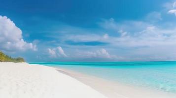 Beautiful sandy beach with white sand and rolling calm wave of turquoise ocean on Sunny day on background white clouds in blue sky. colorful perfect panoramic natural landscape. photo