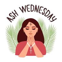 Ash Wednesday Illustration Devout Woman with Ash Cross and Palm Fronds vector