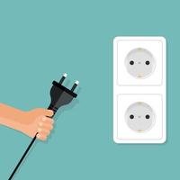 Electric socket with man hand icon in flat style. Connection symbol vector illustration on isolated background. Power socket sign business concept.