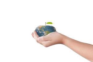 Hand holding apple fruit of Globe, Earth isolated on white background. Elements of this image furnished by NASA photo