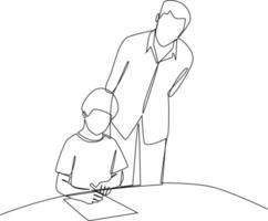 Single one-line drawing teacher supervises student learning. Class in session concept. Continuous line drawing design graphic vector illustration.