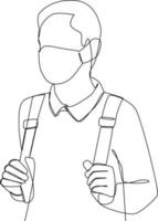 Continuous one-line drawing of students wearing a mask to school. Healthcare in school and office concept single line drawing design graphic vector illustration