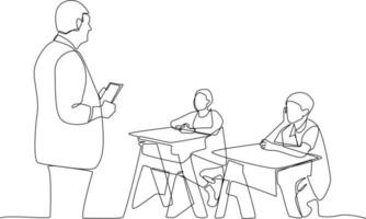 Single one-line drawing the teacher explains the lesson in class. Class in session concept. Continuous line drawing design graphic vector illustration.