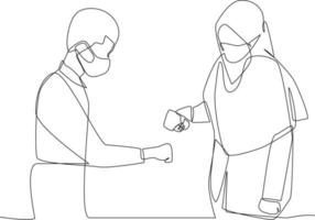 Continuous one-line drawing nurse check's the students' body temperature before entering class. Healthcare in school and office concept single line drawing design graphic vector illustration