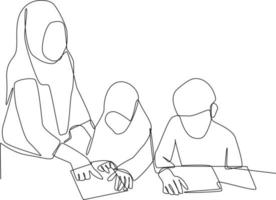 Single one-line drawing the teacher corrects the student's mistakes. Class in session concept. Continuous line drawing design graphic vector illustration.