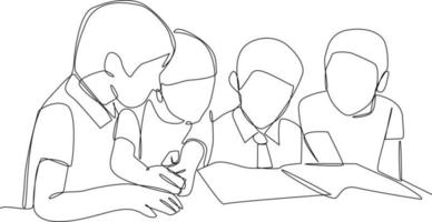 Single one-line drawing students study together in class. Class in session concept. Continuous line drawing design graphic vector illustration.