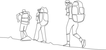 Continuous one-line drawing of a group of men climbing the mountain. Experiential in traveler concept. Single line drawing design graphic vector illustration