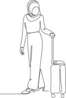 Continuous one-line drawing of a woman preparing to travel with a suitcase. Experiential in traveler concept. Single line drawing design graphic vector illustration