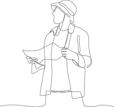 Continuous one-line drawing man looking at the map to find the location. Experiential in traveler concept. Single line drawing design graphic vector illustration