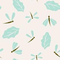 Cute abstract seamless vector pattern background illustration with leaves and dragonflies