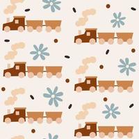 cute pastel cartoon train seamless vector pattern background illustration with daisy flowers