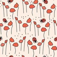 cute abstract simple seamless vector pattern illustration with red poppies flowers and red ladybug insects on pastel background