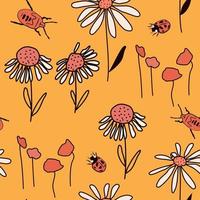 cute abstract simple seamless vector pattern illustration with colorful daisy flowers, poppies and red insects on yellow background