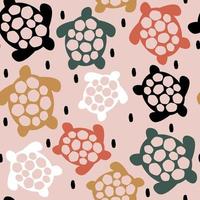 cute hand drawn abstract seamless vector pattern design illustration with colorful turtles silhouettes and black confetti on pink background