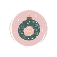 Cute green christmas bauble with pink rose, snowflakes and stars icon vector, illustration on circle with brush texture, for social media story and highlights vector