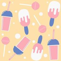 Cute colorful summertime seamless vector pattern background illustration with ice cream, lollipops and smoothie