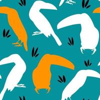 Cute white and yellow hand drawn toucan birds silhouettes seamless vector pattern illustration on blue background