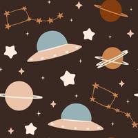 cute seamless vector pattern background illustration with cartoon planets, stars, constellation and ufo spaceship