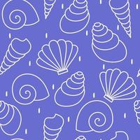 cute hand drawn abstract seamless vector pattern design illustration with seashells and white confetti on very peri background