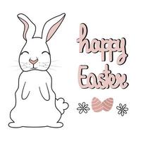 Cute hand drawn lettering happy easter text vector background illustration with white cartoon character rabbit, easter eggs and daisy flowers