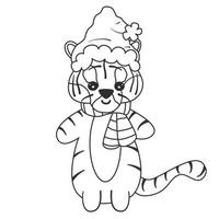 cute cartoon adorable hand drawn character black and white baby tiger with santa claus hat christmas vector illustration for coloring art