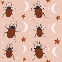 Beautiful abstract boho seamless vector pattern background illustration with hand drawn beetles, moon and stars