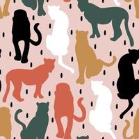 cute hand drawn exotic abstract seamless vector pattern design illustration with colorful leopard silhouettes and black confetti on pink background