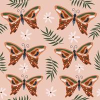 Beautiful boho trendy seamless vector pattern background illustration with moth, daisy flowers and leaves