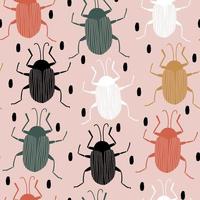 cute hand drawn abstract seamless vector pattern design illustration with colorful beetle silhouettes and black confetti on pink background